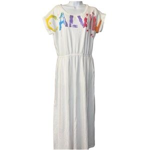 Calvin Klein White Long Logo Printed T-Shirt Summer Dress Size Large NWOT